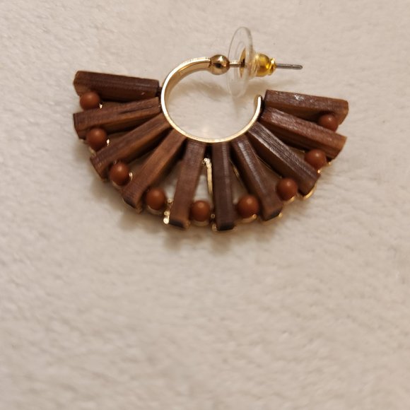 Brown Wood Slat/Bead Half Hoop Gold Tone Earrings - Picture 2 of 8